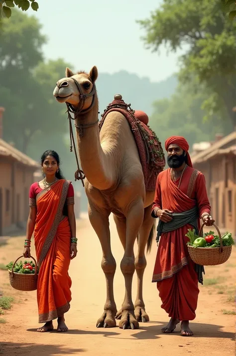 
"Indian mythology realistic 4K image generate" "A traditional camel standing beside two villagers—a woman in saree carrying a small basket of bangles and a rajput with a basket of fresh vegetables. The camel is equipped with a saddle and ropes for carryin...