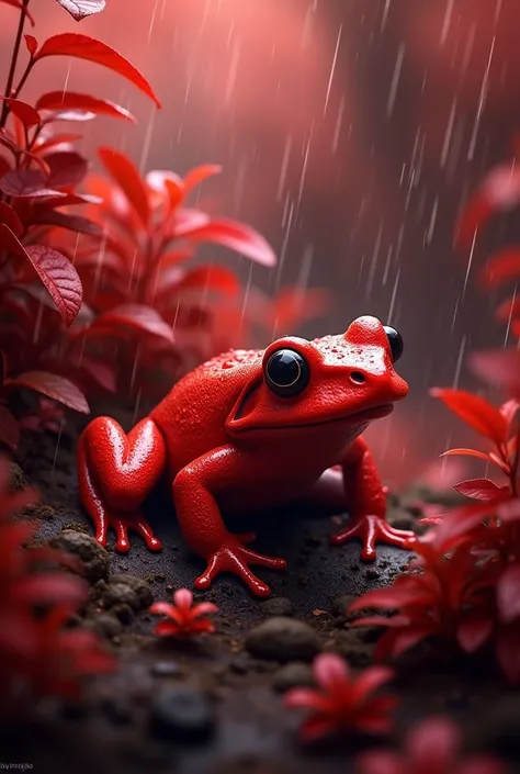 Realistic red-colored frog in a red forest with rain 