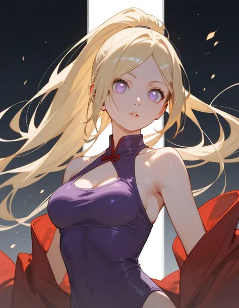 score_9, score_8_up, score_7_up, (solo), 1girl, ino yamanaka, long hair, naruto, blond hair, medium breast, (pose), ponytail, hands, fingers, high neck halter top, big eyes, violet clothes , hips
