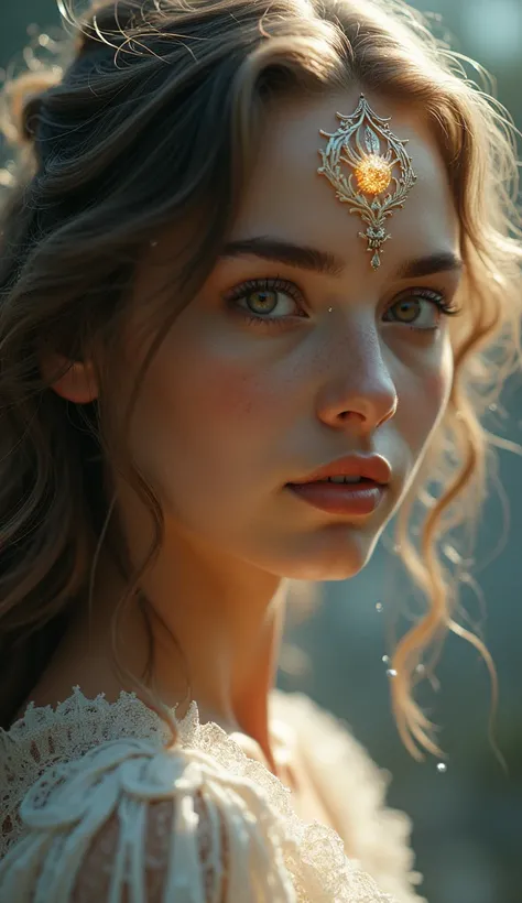 "A close-up of a mystical young woman representing the Virgo zodiac sign. Her delicate features are framed by soft, wavy hair, and her eyes glow with a magical light. A Virgo symbol is subtly glowing on her forehead, surrounded by intricate celestial patte...