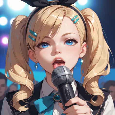 ASMR microphone ,  whisper
1 girl, Blonde,  blue eyes,  twin tails,  headband,  ribbon hair accessory ,  earrings for a woman alone,  hair clips,  tongue,  background blur , 