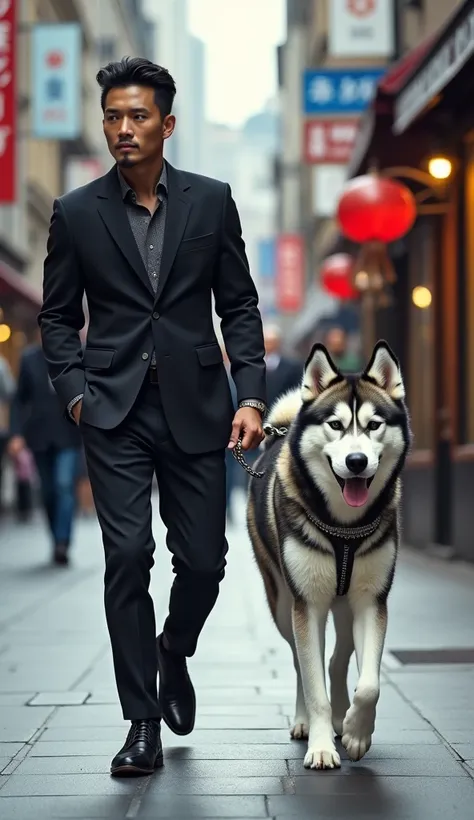 araffe walking a dog on a leash down a street, husky dog, japanese dog, subject: dog, husky, fashionable, chinese, collar and leash, a handsome, the photo shows a large, adult dog, asian man, siberian husky, mad dog on a chain, trendy, asian male, handsome...