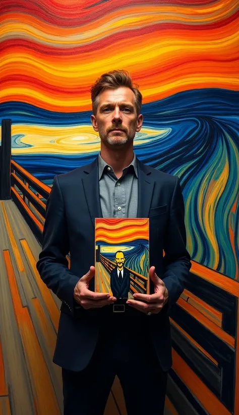 A semi-realistic portrayal of Edvard Munch standing confidently, holding his iconic painting The Scream against a vivid, swirling backdrop inspired by the vibrant colors and textures of his artwork. The scene is rich in contrasting hues like deep oranges, ...