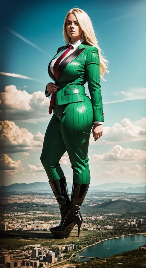 billie eilish a sophisticated and stylish wowan in a bright green pinstriped trouser suit, white shirt, and a large wide red paisley necktie with a really large windsor knot, with a beautiful, curvaceous figure, massive breasts, and blonde long wavey hair,...