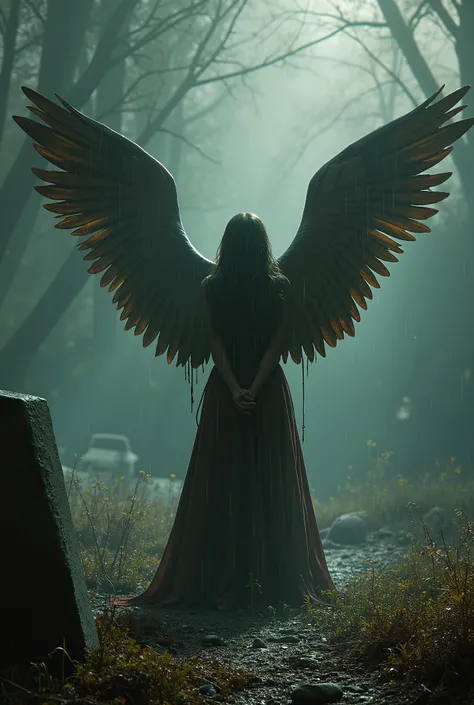 ((   photorealism   .contract,8 k,)),   Exiled female angel in front of the grave,   surrounded by Satans shadow  ., Broken wings,   on her knees , pray, screams, Soaked in the rain, hellish background, yearning,  something  невыносимое, pain, sadness. Wat...