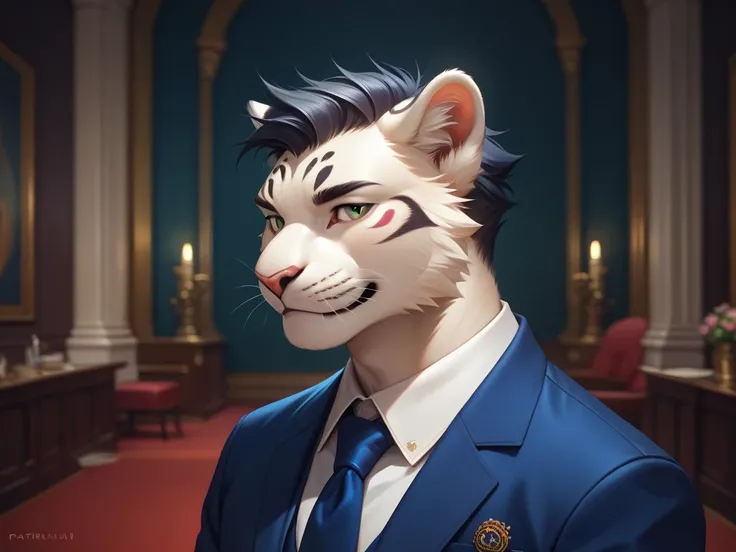 ( alone),(( is the best quality)), ((masterpiece)), ( detailed), upper body, male anthropomorphic leopard, white fur , White skin, white fur , short black hair , Green Eyes,Calm,Elegant,The one with a strong heart,General,Casual wear,  Muscular ,indoor