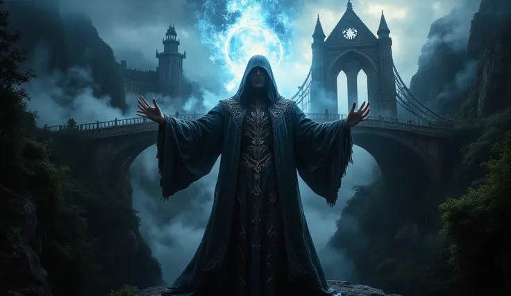 Panorami view, landscape, huge ancient bridge hiddrn in fog, a dark sorcerer standing on an huge ancient bridge, creating a magical fog that covers the bridge and the surrounding area, the bridge towering over a deep ravine, dark fantasy, horror, (best qua...