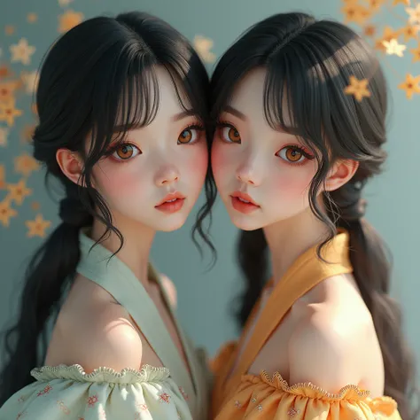  Girl Twins Black Hair Black Brown Eyes White Thai Face Cute Costume