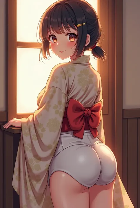 kimono、Showa Retro、 white pants visible 、I can see my buttocks.、丈の長いkimono、 cute girl、 High Quality、Naughty、Nasal cord、Hairpin
