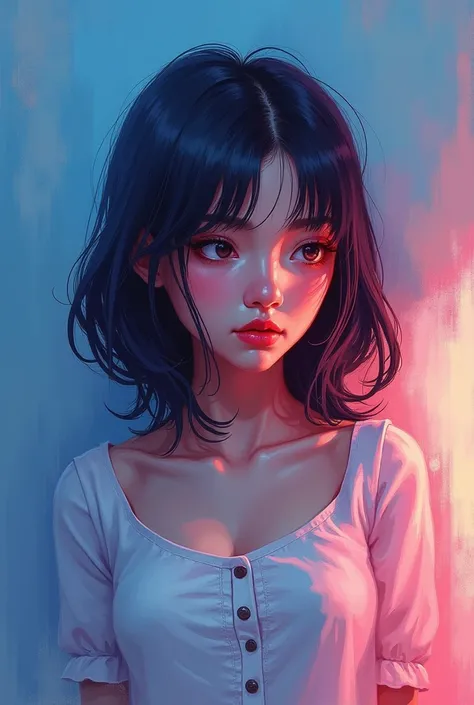  Create yourself a blue and pink vibe painting of a girl drawing from the chest up in SEMI strokes MajicMix post straight towards the screen without a little expression but dont laugh , shape that is not angled is straight SEMI STROKE PLEASE UNDERSTAND SEM...