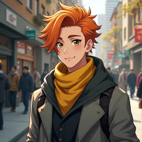 Male friend with orange fox hair for side part a gray coat outside wearing a black jacket with yellow scarf