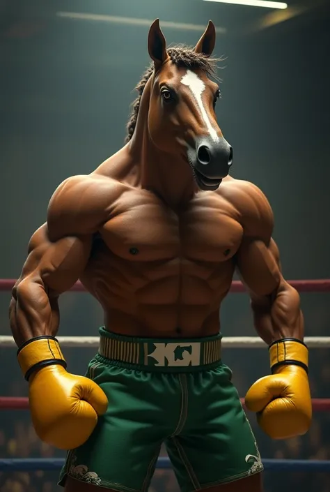  A boxing horse with yellow gloves wears green shorts with white details. He is muscular and has an aggressive posture and his hair braided  