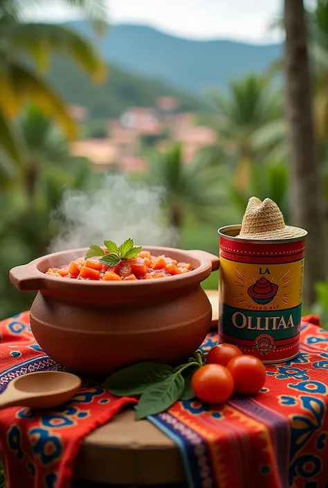 " An image that represents a traditional Colombian stew ,  made of tomato and onion ,  all very finely chopped and cooking in a steaming clay pot ,  with no complete pieces visible .  x} The pot is decorated with a small Colombian poncho and a hat Vueltiao...