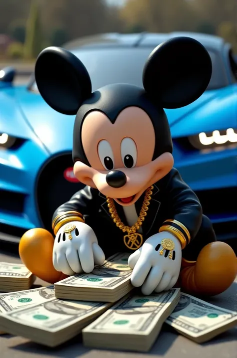 Make an image of Mickey Mouse ,  counting a wad of money with 100 bills placed on the hood of a blue Bugati Chiron, has a gold watch with gold rings on all fingers ,  a gold chain and a black Luis Vitton jacket 