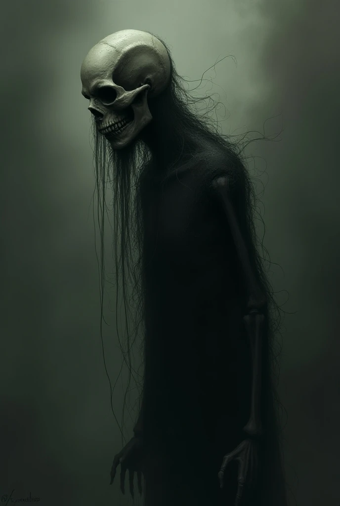 Skeleton, long, pointed nose, long hair 