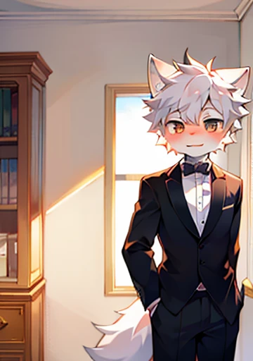 Shota the white fox in formal attire is indoors