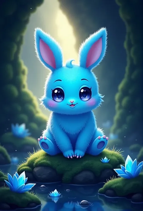  Create a digital illustration of a cute character in neon blue egg-shaped sitting on mossy rocks in a dark cave.  This character has an adorable face with large reflective and sparkling eyes , as well as a simple little mouth .  His ears resemble fluffy r...