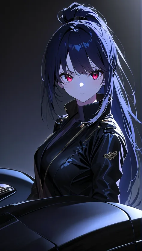 one anime girl, coffee brown colour sharp eyes, serious attitude, higher quality, perfect face, bright white skin, tall women,dark black colour high Ponytail, wearing a black leather jacket, dark blue jeans, Next to her is a luxurious black motorcycle, att...