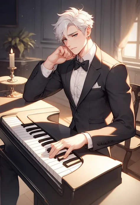 A grand piano Placed in the center of a large room , partially illuminated ,  with bright keys that contrast with the dark environment of the room .
 A male figure of a young man with white hair , backwards,  in an elegant black suit looking at the piano w...