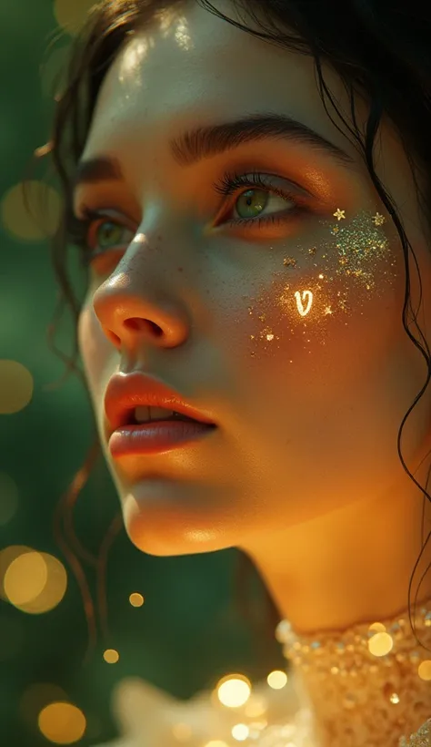 "A detailed close-up of a young mystical Virgo woman’s face. Her glowing skin and luminous green eyes are mesmerizing. A shining Virgo symbol is etched delicately on her cheek, surrounded by subtle floral patterns. The background is filled with soft, mysti...