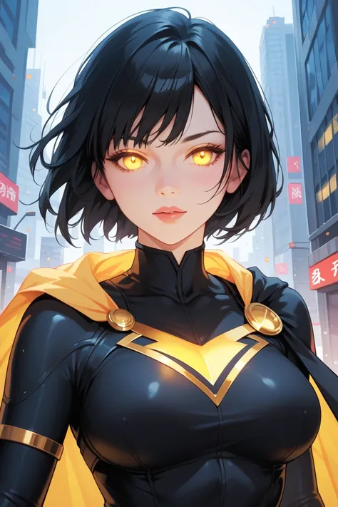 short hair, black hair, yellow eyes, glowing eyes, cape, superhero, black suit, yellow inner, female, close up, large breasts, city, 