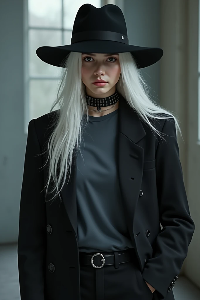 Long white hair black hat rock shirt black pants and black collar 