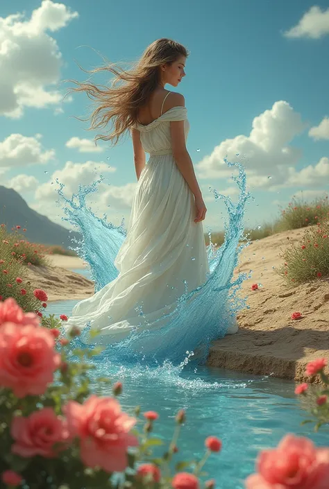 A woman living water on dry land surrounded by flowers lying on the ground 