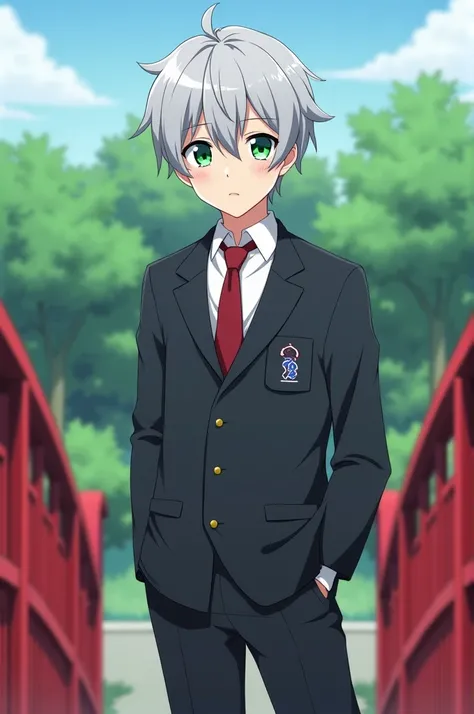 A gray-haired, green-eyed, anime man stands on the railing of a red arched bridge.Wearing a Japanese male school uniform