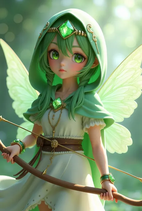   3D anime girl with green hair  , green eyes.   She is wearing a headband with green crystal and a white elven dress with a belt.  She holds a bow and arrow  .  With cape with hood on her head fairy wings green