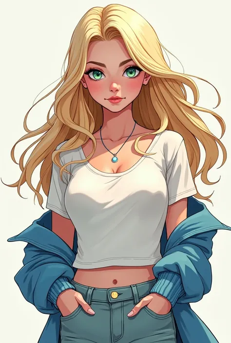 Spider-verse style, woman, blond hair, long hair, green eyes, pale skin, without spiderman suit, clothes in white and light blue colours, high quality.