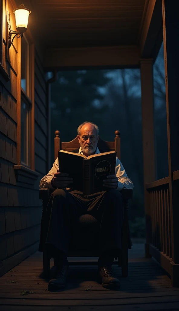 Dark Night time . front view . book with tittle "VOKAB AI" was being read by a man At the front porch of a house,the man wears Old Money style outfits was sit on a wooden chair , reading a book with tittle "Vokab Ai" . totally dark background . Light only ...