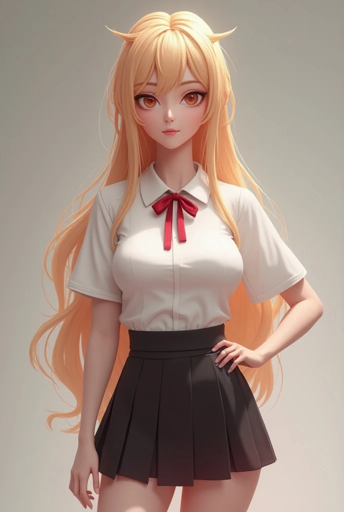 Highest quality, Ultra-detailed CG Unity 8k Wallpaper, Beautiful details、Large Breasts、Blonde、T-pose、White Shirt、mini skirt、Red ribbon、Lady、Slanted Eyes,Three identical people、Female in T-pose, front view、The same woman looking sideways、The same woman from...