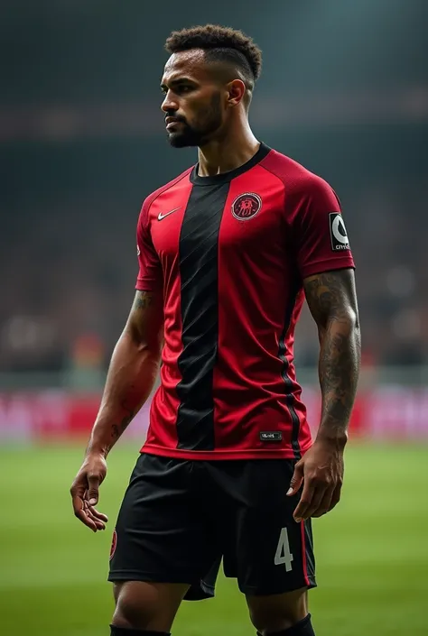 Create predominant black and red soccer uniform