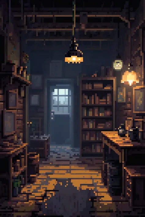  Dark and claustrophobic attic scene in pixel art with macabre details. the atmosphere is gloomy,  with a color palette composed of black , dark gray,  aged brown ,  and faded tones .  The wooden walls are covered in deep cracks and mold ,  with cobwebs vi...