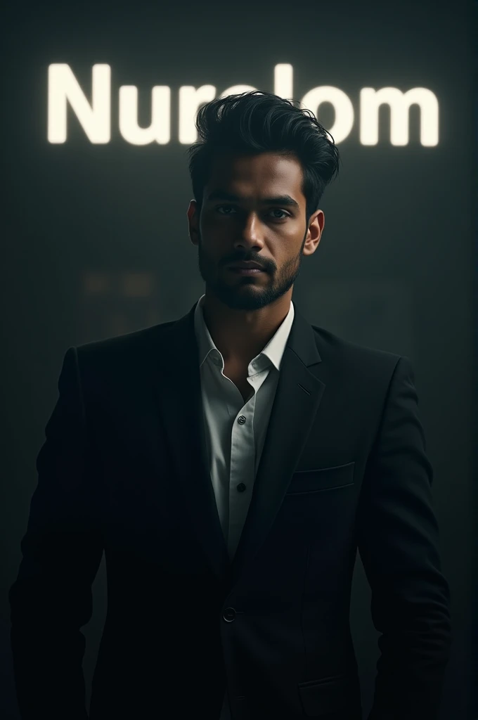 Create a highly realistic portrait of a 18-year-old Bangladeshi man named NURALOM 100K, standing in a dark room. He is wearing a blackblazer and a white shirt. The lighting should be dramatic, focusing on his handsome face with a light stubble, giving him ...