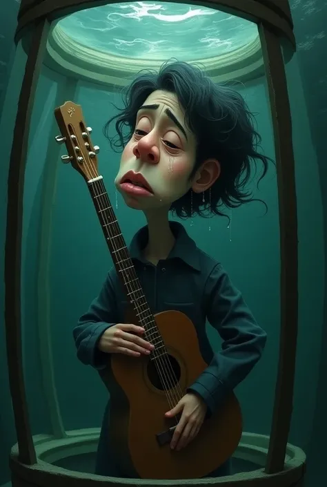  Create a 4k caricature image of a Persian  in an aquarium,  crying; a person inside a cage with the guitar in their hand 