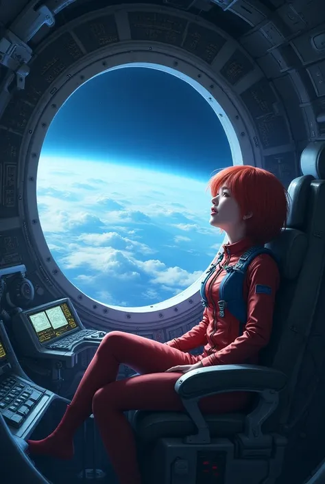 Absurd resolution, high resolution, (masterpiece: 1.4), hyper-detail, 1 young woman, short red hair, pilot suit, rich princess, sitting in an extremely narrow and closed mecha control room looking out the window, the window is the space universe can see th...