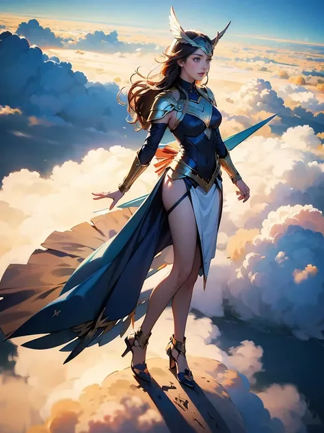 (Translator:.95), ((High angle shot of a beautiful Valkyrie woman floating above the clouds))、 full body shot、 glamorous 、 Stephen Kostic &#39; style , realistic skin texture ,(  Winged Helmet:1.1), (Valkyrie Armor:1.2), 1 / 2. Body Crop, 85mm Art Lens , f...