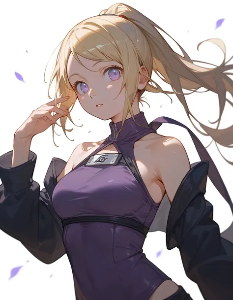 score_9, score_8_up, score_7_up, (solo), 1girl, ino yamanaka, long hair, naruto, blond hair, medium breast, ponytail, hands, fingers, high neck halter top, big eyes, violet clothes , hips, white backgrounds
