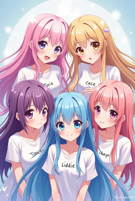 a picture of 6 beautiful anime girls with the names “Torie, Cece, Es, Liddie, Chayo, Yuyu” on each shirt in english