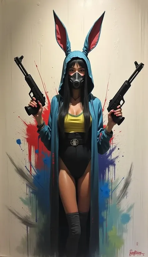  rough brushwork in oil painting  、(  best quality ),(masterpiece:1.2), ( colorful :0.9),  woman wearing a full-faced rubber gas mask in a rabbit costume、 、 assault rifle  、Im wearing a full-face rubber gas mask with  、 gun pointed at the viewer 
