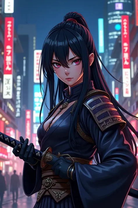 Samurai girl in Tokyo in anime style