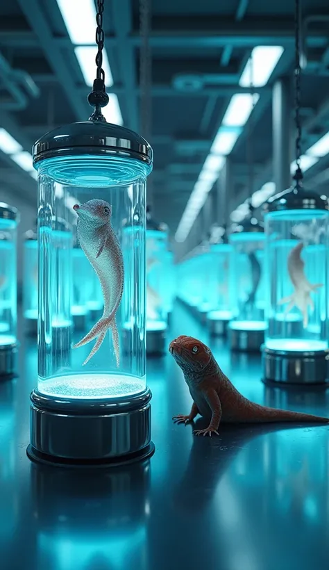 A futuristic laboratory filled with rows of cylindrical clear glass containers, illuminated by a soft blue glow. Each container has a metal base and contains different animals in a suspended state. In the foreground, an axolotl sits calmly in one of the co...