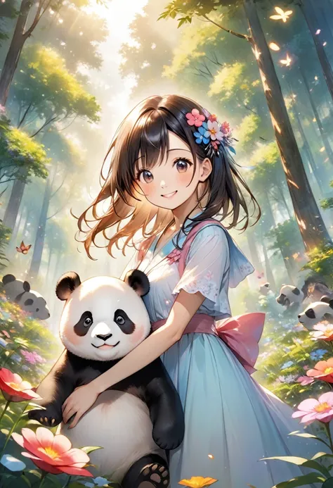 A panda and a smiling woman 、 in a forest where flowers are blooming