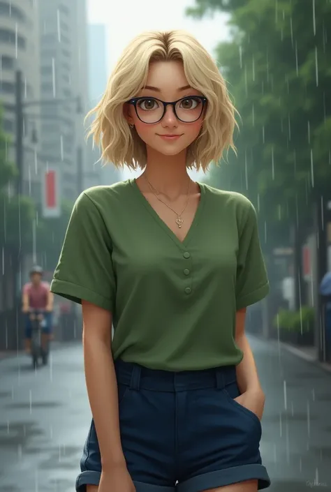 Blonde woman smiling slightly, wear glasses,bob hair,1 people, Full body composition , shiny skin ,detailed skin, super real human face ,age20, in clothes Basic green blouse and navy blue shorts,On the street on a rainy day .