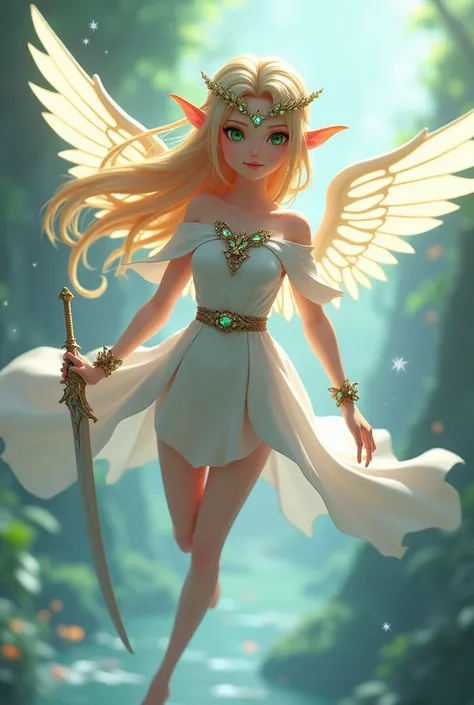 3D anime with blonde hair and green eyes .  She is wearing a white dress with belt and cape ,  and a sword she has elf ears and elf wings she has a syllable forehead crown with blue crystal she flies