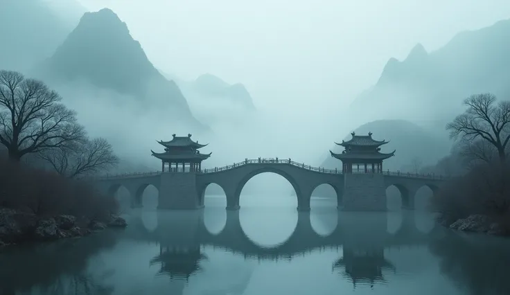 Anime art, A breathtaking ancient Chinese bridge shrouded in dense fog, nestled in an ancient village surrounded by majestic mountains, captured in the style of a masterful oil painting,,ultra-detailed, ancient chinese architecture, foggy atmosphere, pictu...