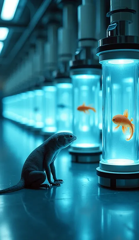 A futuristic laboratory filled with rows of cylindrical clear glass containers, illuminated by a soft blue glow. Each container has a metal base and contains different animals in a suspended state. In the foreground, an axolotl sits calmly in one of the co...