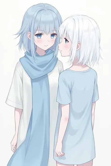 Alone、 shortcut ,  Medium Hair ((The one on the left has light blue hair 、The right one is white))、 and is wearing a light blue scarf、Bangs are normal length、 The hair on the side is up to the shoulder 、 white skin、young、 the hair covers the hands and ears...