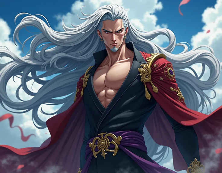 Create an anime character like Gojo more in one piece with long hair and gray hair 